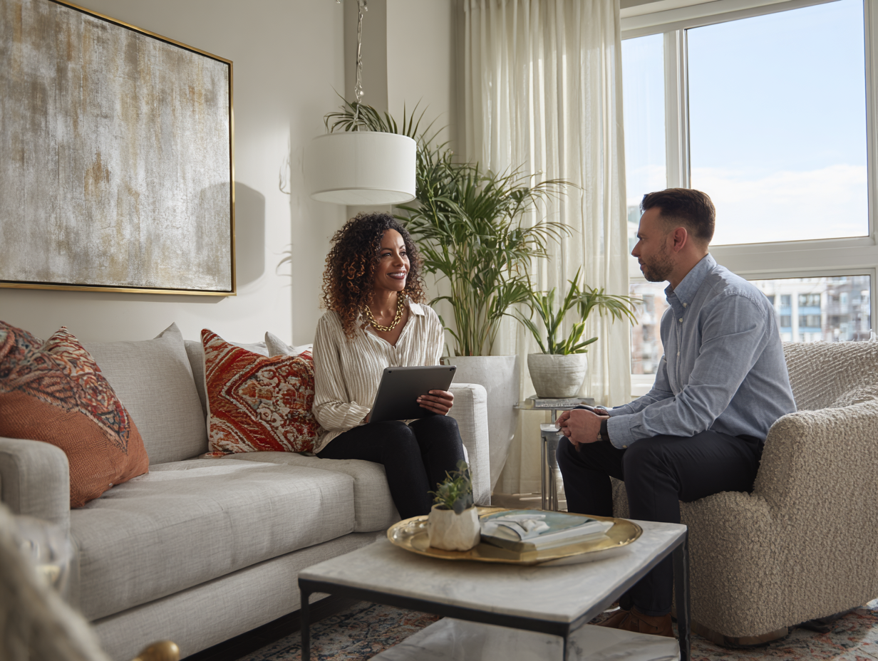 Consultant discussing soundproofing with client in office